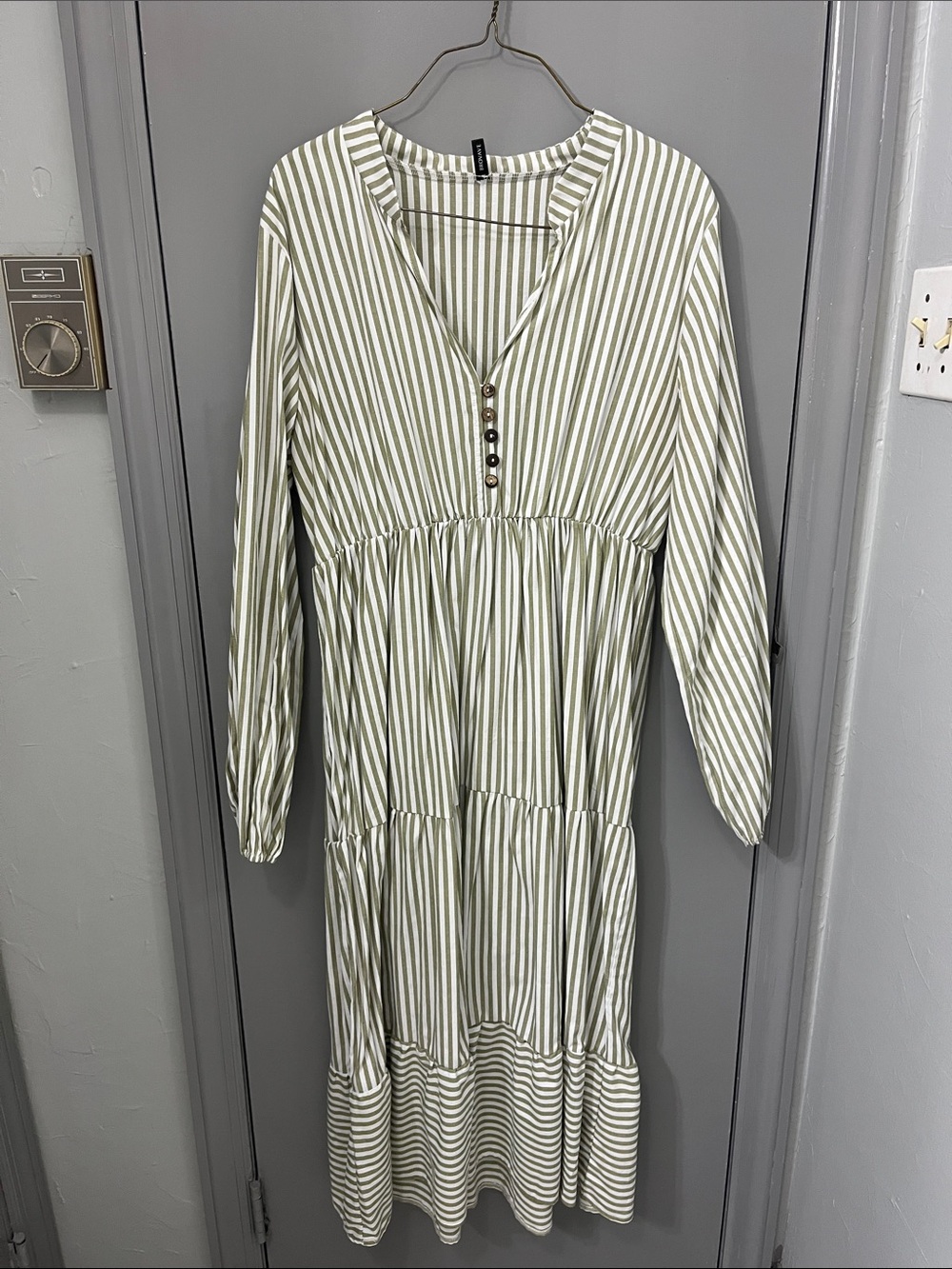 Striped Long-Sleeve Tiered Midi Dress - Olive Stripe